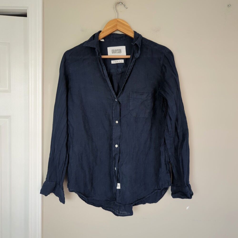 Grayson The Hero Navy Blue 100% Linen Button Down Long Sleeve Shirt Size 2/XS